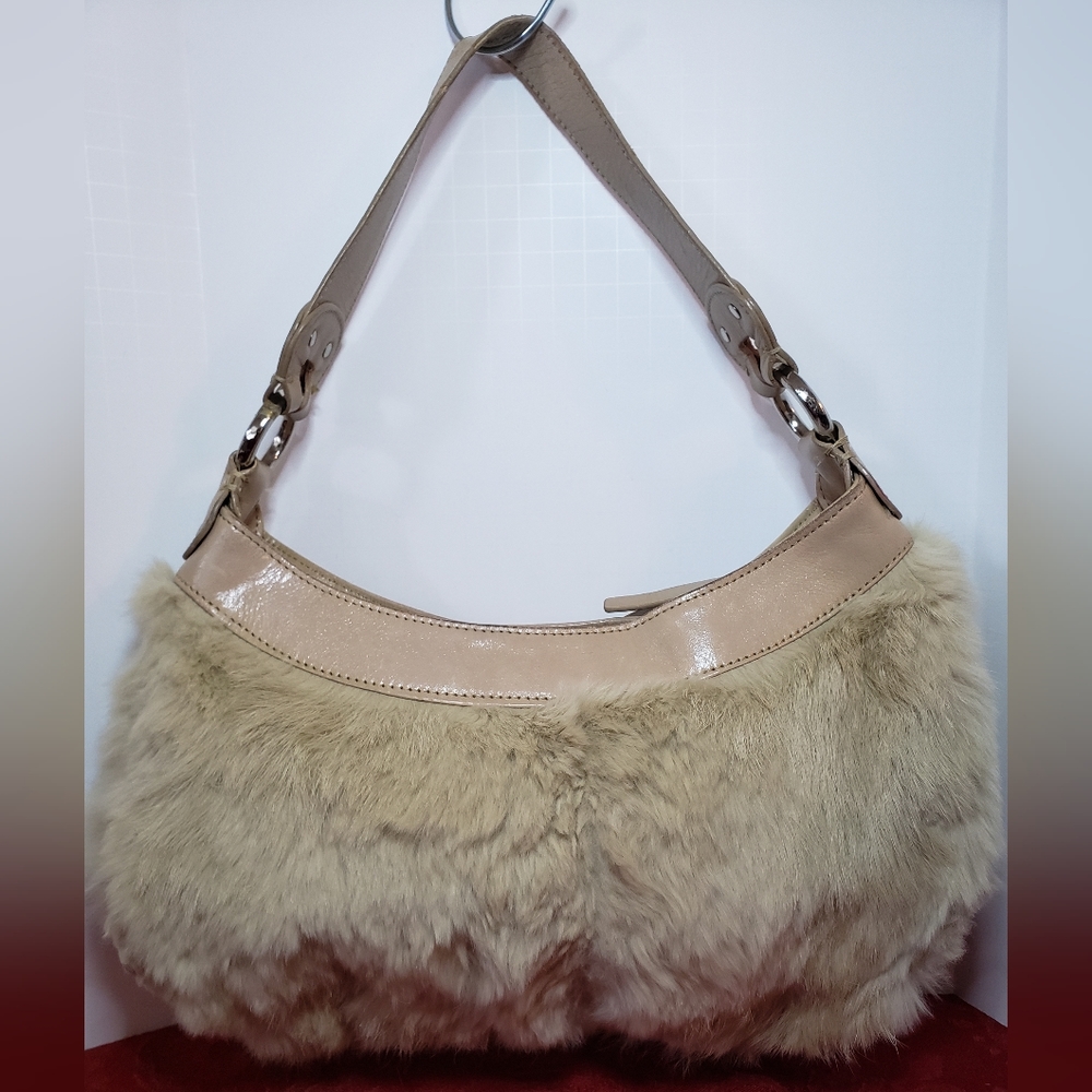 Kenneth Cole Beige Cream Rabbit Fur Shoulder Bag